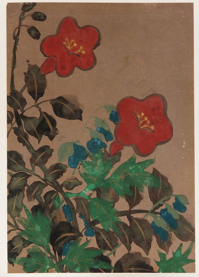 Røde og blå blomster og løvverk, Edo-perioden, 1615-1868. av Unbekannt