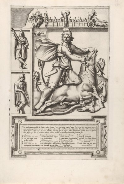 Relieff med Mithras som kneler på en okse og driver et sverd inn i skulderen, til venstre tw..., 1564. av Unbekannt