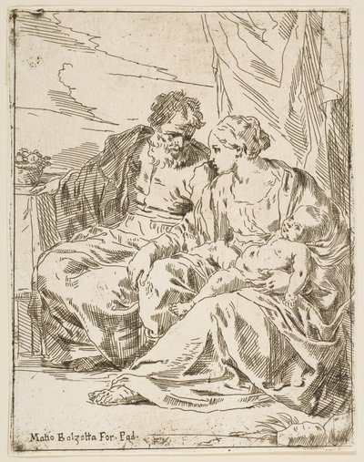 Hvil på flyturen til Egypt, Maria holder spedbarnet Kristus mens St. ..., ca. 1637-1639 eller senere. av Unbekannt