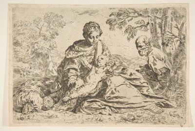 Hvil på flyturen til Egypt, Maria holder spedbarnet Kristus med St. Joseph ..., ca.1640 eller senere. av Unbekannt
