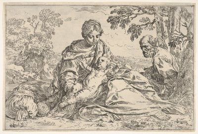 Hvil på flukten inn i Egypt, Maria holder spedbarnet Kristus med St. Josef..., ca. 1640 eller senere. av Unbekannt
