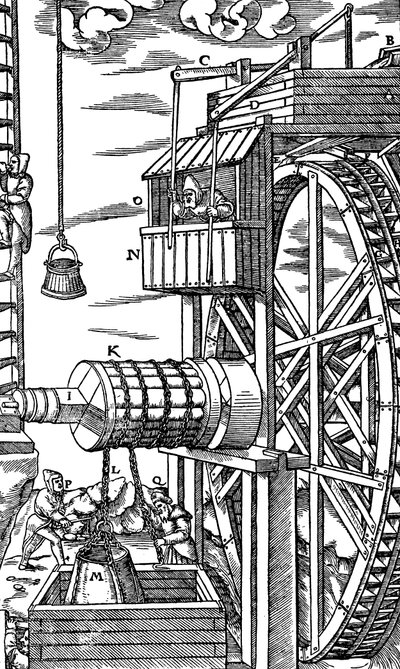 Vendbar talje for å heve skinnbøtter fra en gruvesjakt, 1556 av Unbekannt