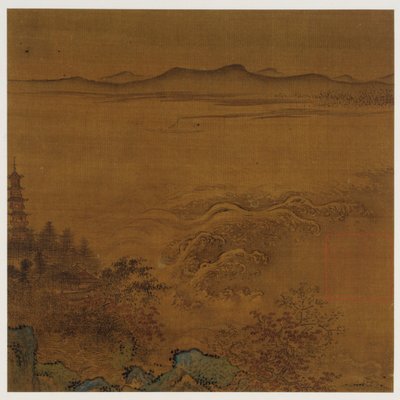Elvelandskap: en pagode, skummende stryk, fjerne åser, Ming-dynastiet, 1368-1644. av Unbekannt