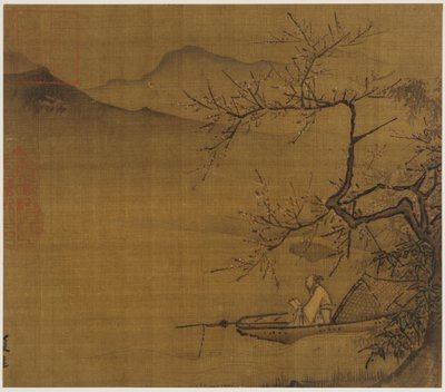 Elvelandskap: en mann som leser i en båt fortøyd under et blomstrende tre, Ming-dynastiet, 1368-1644. av Unbekannt