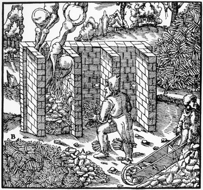 Steking av kobbermalm i en ovn ved C, 1556 av Unbekannt