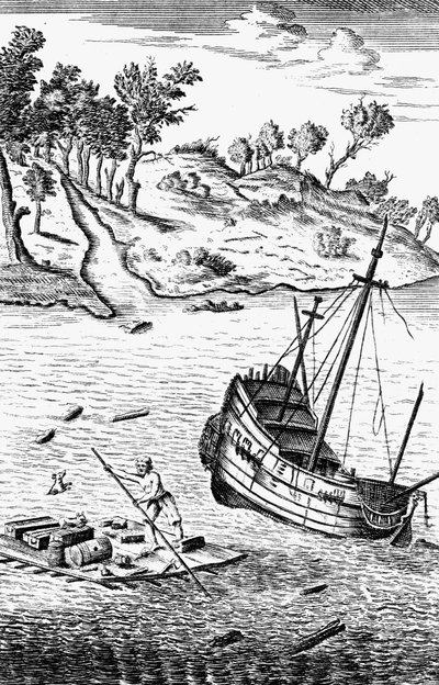 Robinson Crusoe Saving His Goods ut av vraket av skipet, c1719 av Unbekannt