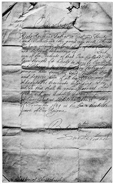 Kongelig mandat til å slette navnet til Locke fra studentene i Christ Church, Oxford, 1684, 1894 av Unbekannt