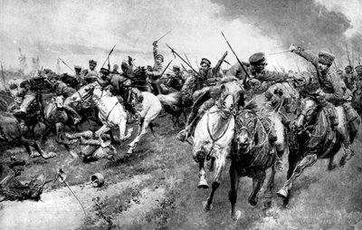 Russiske kosakker angriper den tyske hæren, Øst-Preussen, første verdenskrig, 1914 av Unbekannt