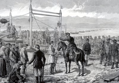 Russiske straffedømte under militær eskorte venter på å bli ferget over elven Yenisei, Sibir, 1882 av Unbekannt