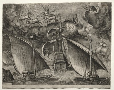 Seilfartøy: To bysser som seiler bak en væpnet tremester med Phaeton..., 1561-65. av Unbekannt