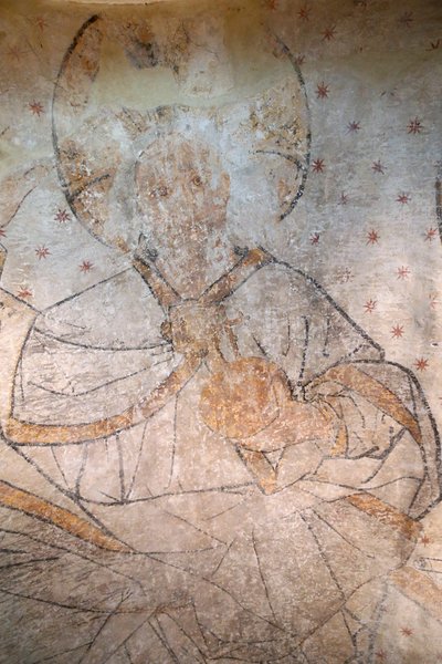 Saint-Claude, Jura, Frankrike, le 31/8/2015 - St Claude Abbey Museum. Kristus i herlighet. Maleri. 1400-tallet. av Unbekannt