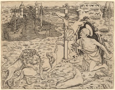 Saint Jerome in Penitence, med to skip i en havn, ca. 14801500. av Unbekannt