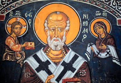 Saint Nicholas omgir Kristus og Maria Bysantinsk freskomaleri fra det 14. århundre (1332) Nathex, sørveggen Phorbiotissa Jomfrukirken, Asinou Unesco-sted Troodos-regionen, Kypros av Unbekannt