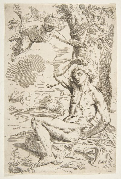 Saint Sebastian gjennomboret med piler og bundet til et tre, kopi etter Cantarini, ca. 1639 eller senere. av Unbekannt