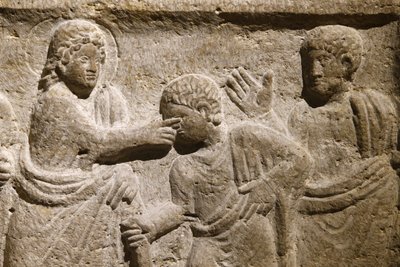 Saint Victor-klosteret, Marseille. Sarkofagdetalj: Jesus helbreder en blind mann. Frankrike av Unbekannt