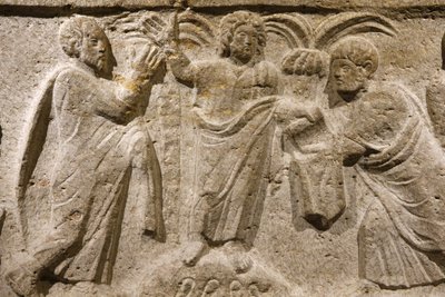 Saint Victor-klosteret, Marseille. Sarkofagdetalj: Jesus omgitt av Peter og Paulus. Frankrike av Unbekannt
