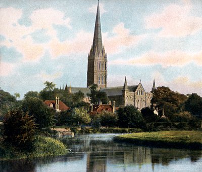 Salisbury katedral sett fra elven Avon, Salisbury, Wiltshire, tidlig på 1900-tallet av Unbekannt