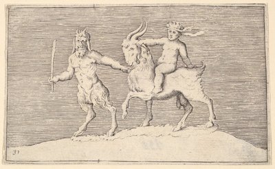 Satyr Leading Goat som et spedbarn rir på, publisert ca. 1599-1622. av Unbekannt