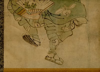Rullemontert maleri som viser et tradisjonelt japansk 2-manns komedielag kjent som manzai (2) av Unbekannt