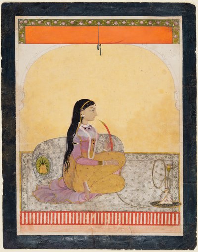 Sittende dame som røyker en vannpipe, ca. 1780. av Unbekannt