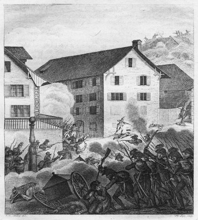 Andre slaget ved Zürich, kampscene i sentralen, 1799 av Unbekannt