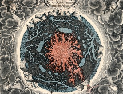 Utsnitt av jorden, som viser sentral ild og underjordiske kanaler knyttet til hav, 1665 av Unbekannt
