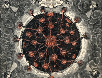 Snittvisning av jorden, som viser sentral ild og vulkaner, 1665 av Unbekannt