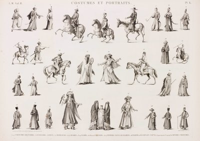 Serie von Illustrationen von Menschen in verschiedenen Kostümen von Unbekannt