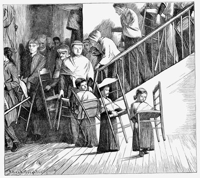 Shaker-samfunnet går til middag, hver med sin egen Shaker-stol, New York State, 1870 av Unbekannt