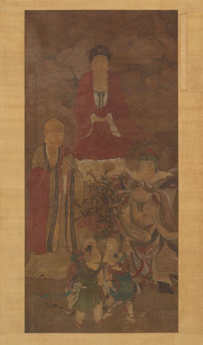 Shakyamuni med luohan, himmelsk konge, og gutter, tidlig på 1600-tallet. av Unbekannt