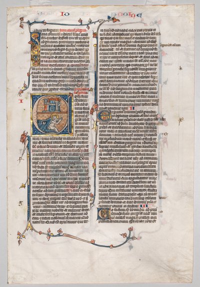 Single Leaf from a Bible: Initial E[t factum est] med Jonah Swallowed by the Whale, ca. 1290. av Unbekannt