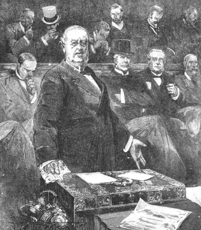 Sir William Harcourt kunngjorde fratredelse av Lord Roseberys regjering, 1895, 1901. av Unbekannt