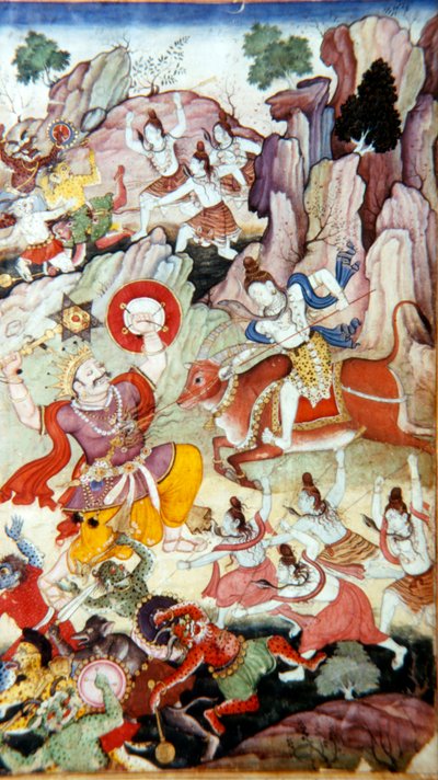 Siva zerstört den Dämon und Haka, Harivamsa-Manuskript, Mughal-Schule, um 1590 von Unbekannt