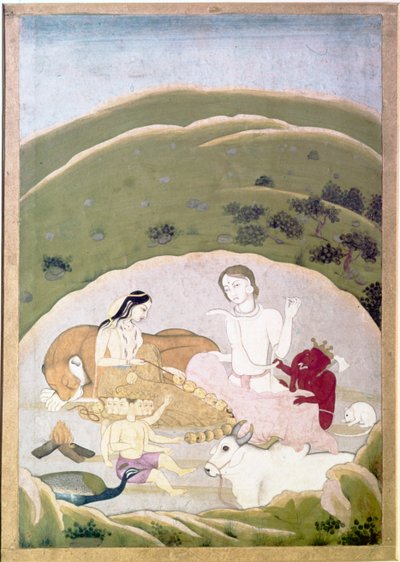 Siva og Parvati med barna deres, Ganesh og Karttikgya på Mount Kailash, c1745 av Unbekannt