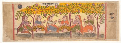 Seks Gopis Sittende Under Trees: Side fra en Dispersed Bhagavata Purana...1600-10. av Unbekannt