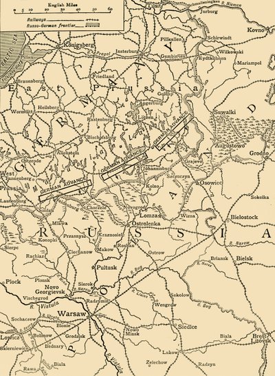 Skissekart for å illustrere det tyske angrepet nord for Warszawa i februar 1915, c1920. av Unbekannt