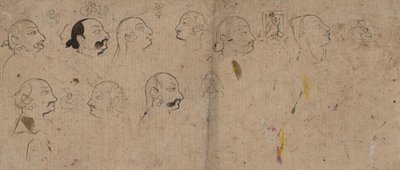 Skisseside med ansiktsstudier, sannsynligvis Maharao Kishor Singh, ca. 1830. av Unbekannt