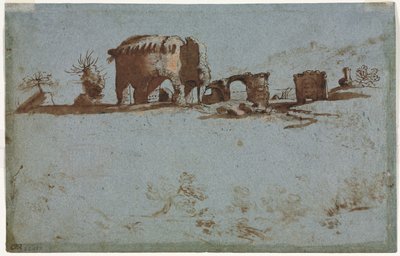 Liten gruppe romerske ruiner, ca. 1650. av Unbekannt
