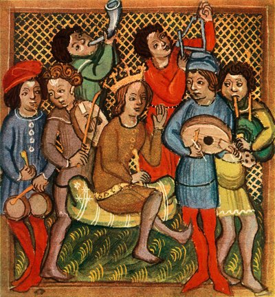 Små trommer, fele, horn, trekantlutt og sekkepipe, Olomouc Bible, 1417, 1948 av Unbekannt