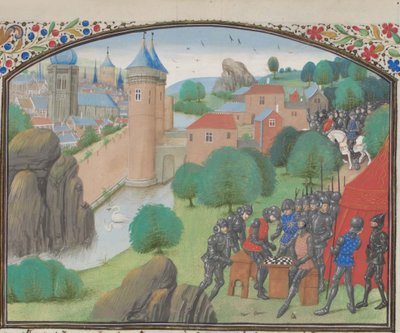 Soldater som spiller terninger foran byen Cæsarea. Miniatyr fra Historia av William av Tyrus, 1460-tallet av Unbekannt