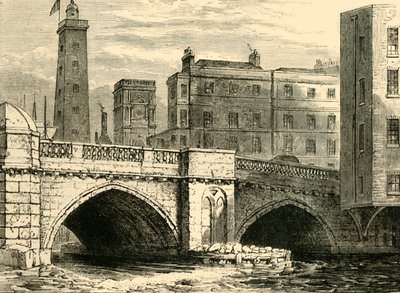 South End av Old London Bridge, med Shot Tower og St. Olaves Church, i 1820, c1878. av Unbekannt