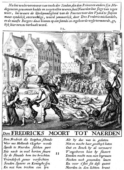 Spanske tropper brenner bygninger og massakrerer under spansk styre i Nederland, 1567-73 av Unbekannt