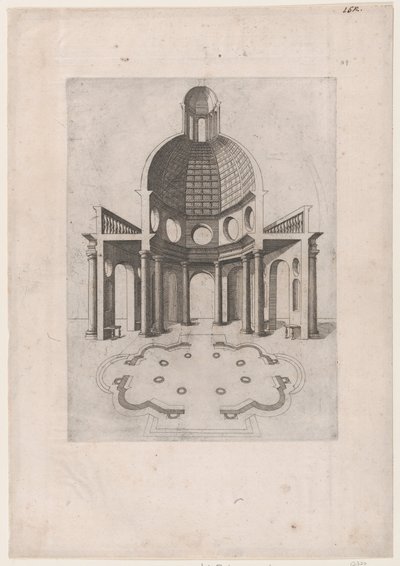 Mirror of Roman Magnificence: Interiør og grunnplan av et åttekantet tempel, ..., 1500-tallet. av Unbekannt