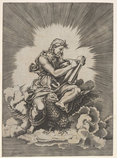 St. John, sittende og holder et skriveredskap til et nettbrett, en ørn med ytre stre..., etter 1518. av Unbekannt