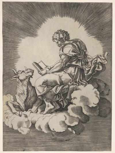 St. Luke, sittende på en sky med en åpen bok i begge hender, en okse som ligger på hans avgift..., etter 1518. av Unbekannt