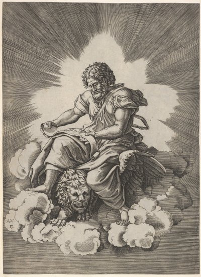 St. Mark, sittende med en utfoldet rulle i hendene, et bevinget løvehode og foran..., etter 1518. av Unbekannt