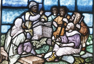 Farget glass: Abraham studerer Toraen med folket i Israel, Budapest, Hongrie av Unbekannt