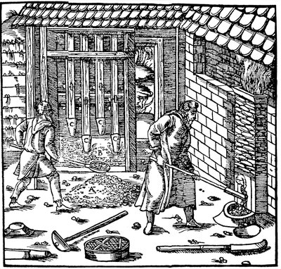 Stempling og brenning av malm for å utvinne metall, 1556 av Unbekannt