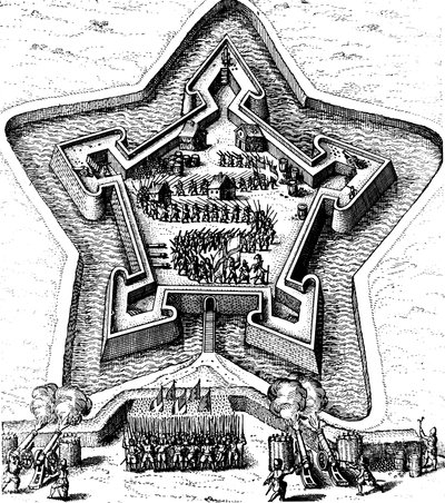 Star Fort forsvart av en vollgrav som kom under beleiring, 1617-1619 av Unbekannt