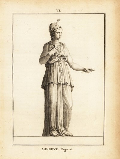 Statue av den romerske visdomsgudinnen Minerve Ergane (Minerva Worker), med hjelm og slange av Unbekannt